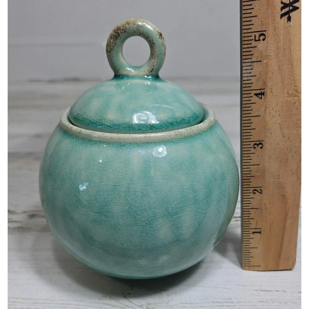 Jars France Tourron Jade Sugar Bowl With Lid Turquoise Teal Stonewear EUC